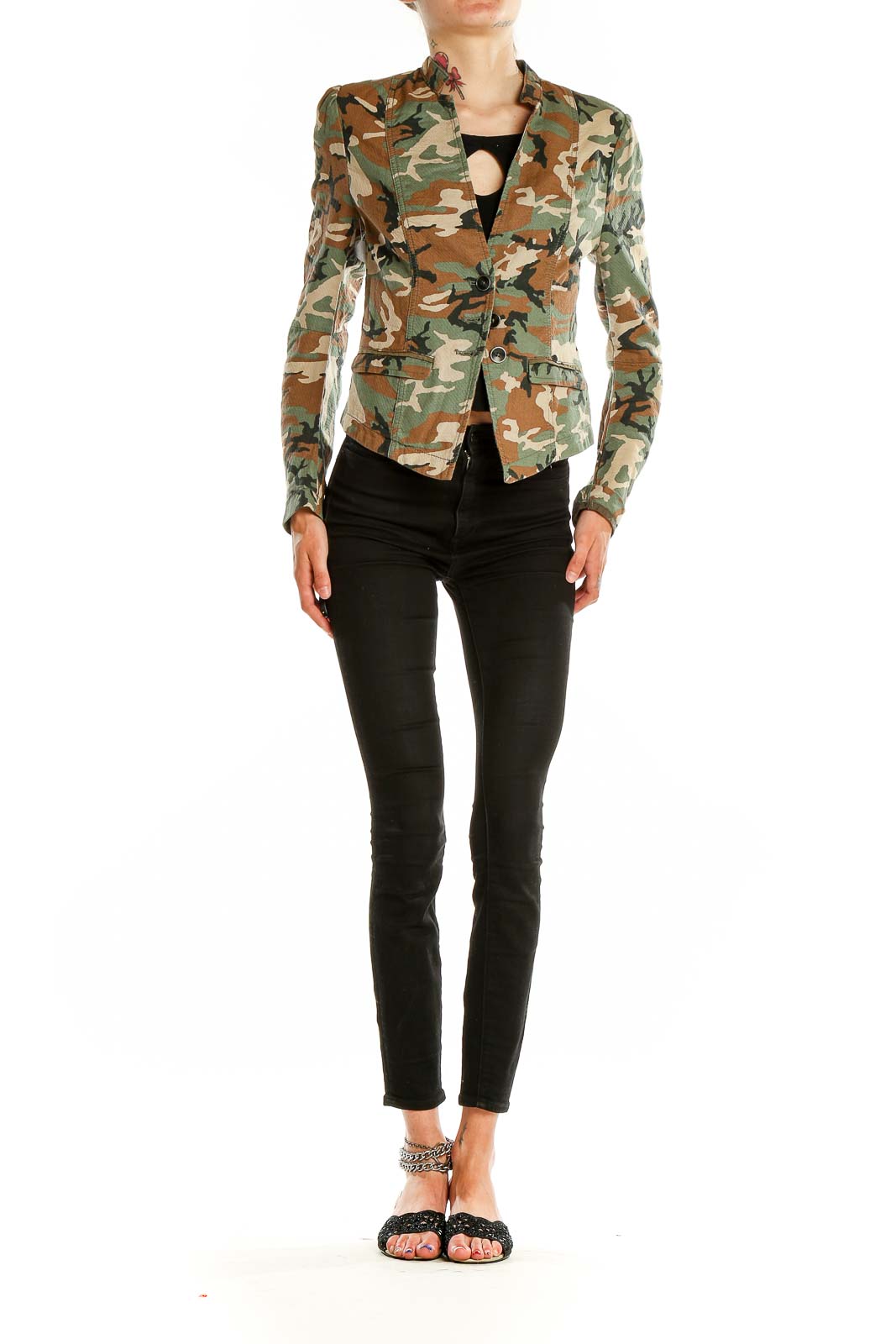 Front view of Free People camouflage print structured blazer