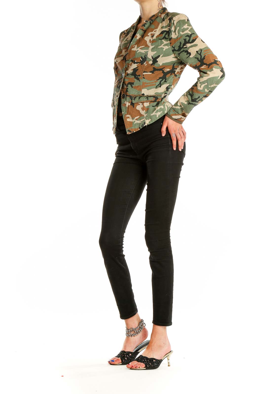 Front view of Free People camouflage print structured blazer