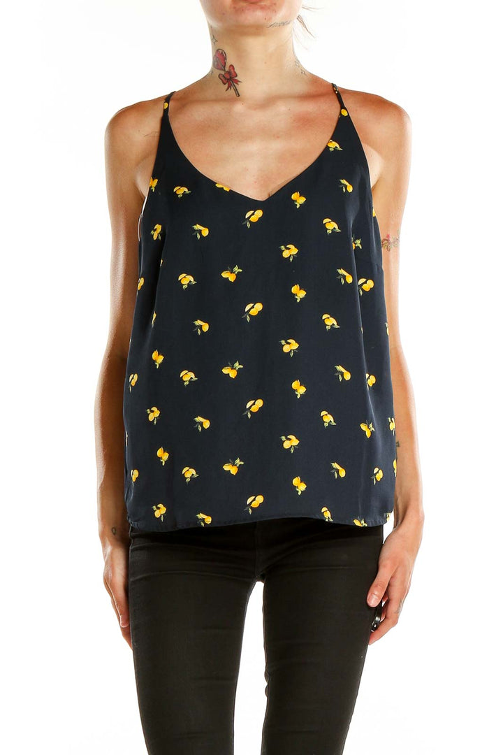 Front view of Banana Republic black camisole top with yellow floral print