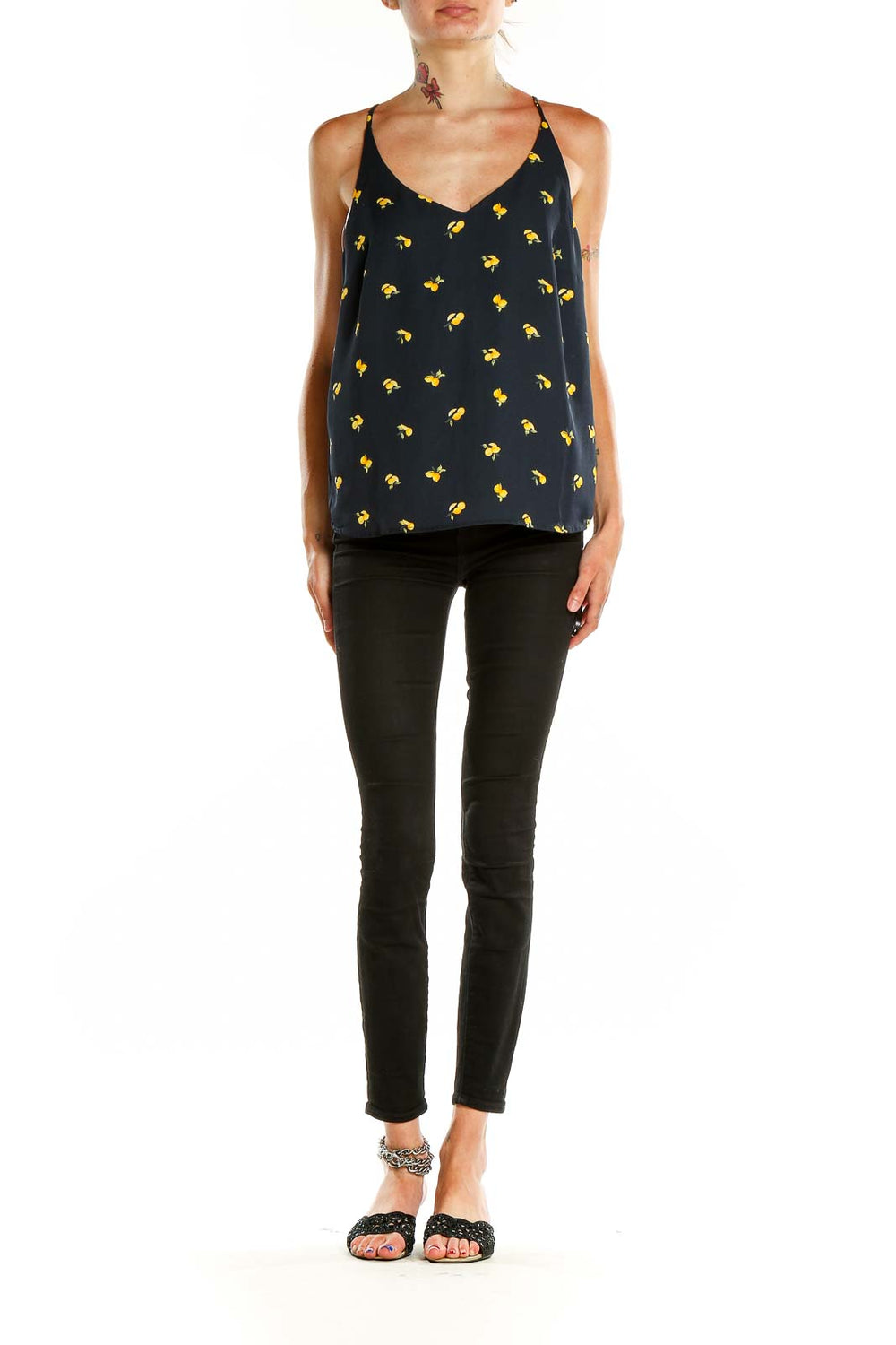 Front view of Banana Republic black camisole top with yellow floral print