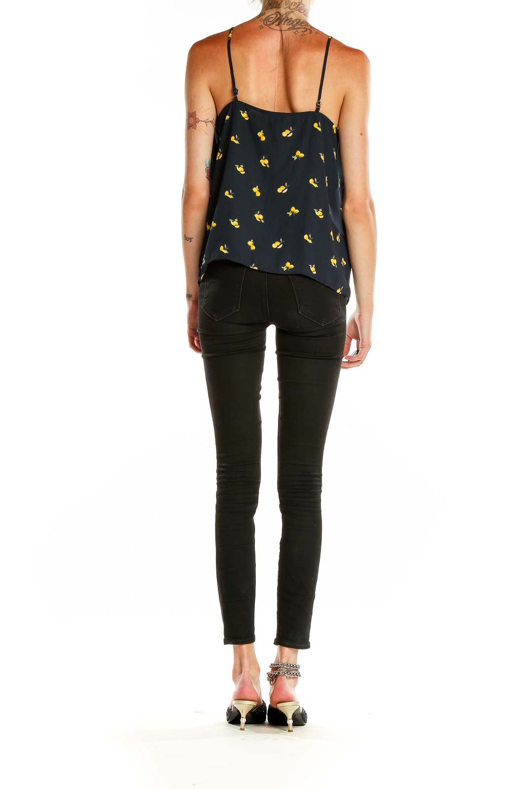 Back view of Banana Republic black camisole top with yellow floral print