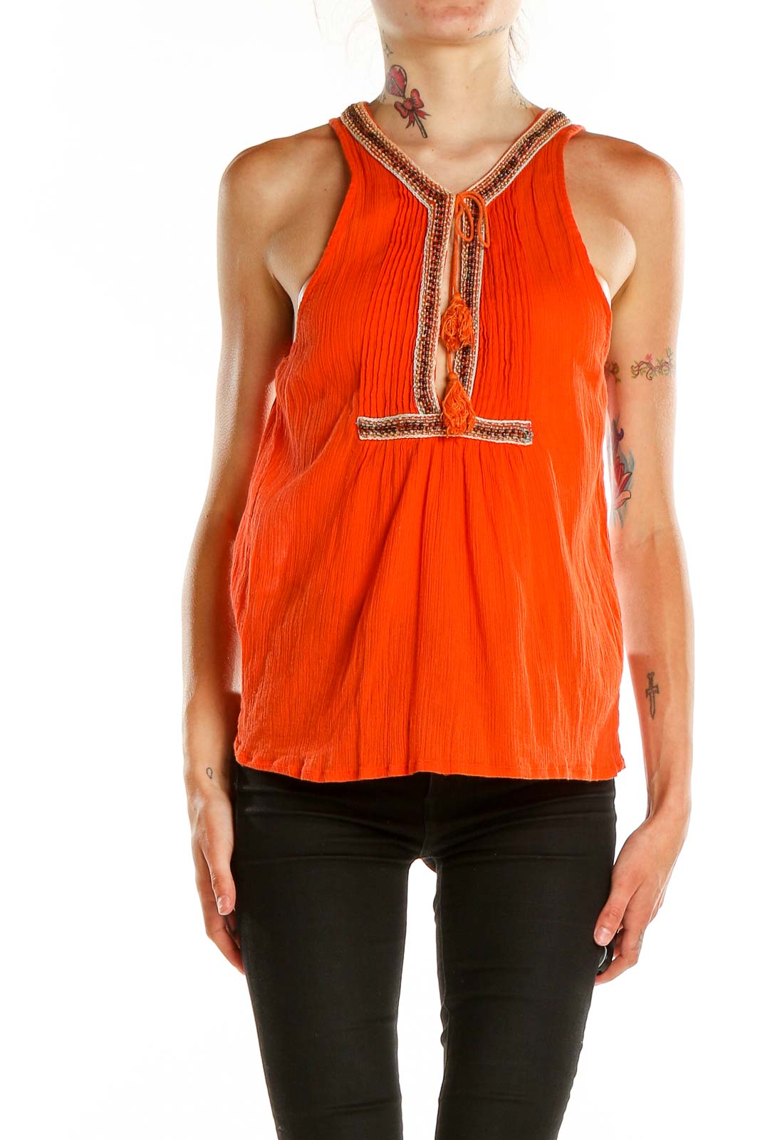 Front view of orange Joie sleeveless blouse with embroidered neckline