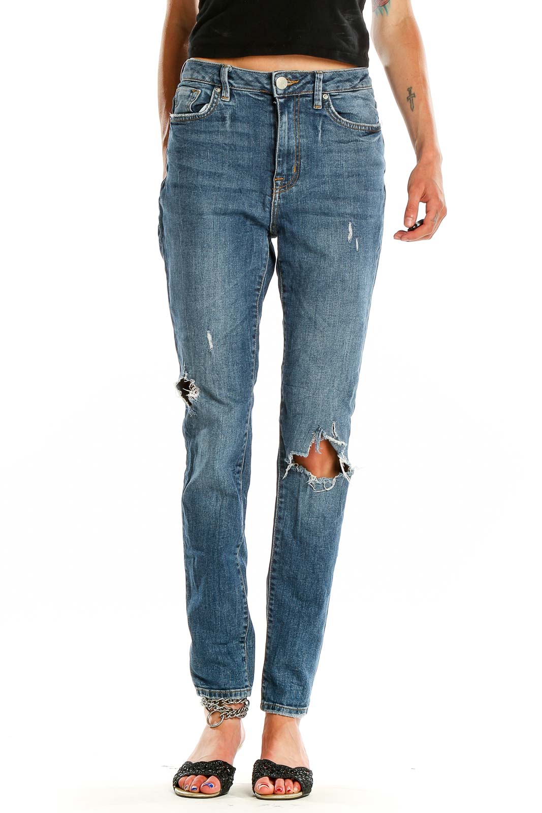 Front view of BDG blue distressed high-rise straight leg jeans