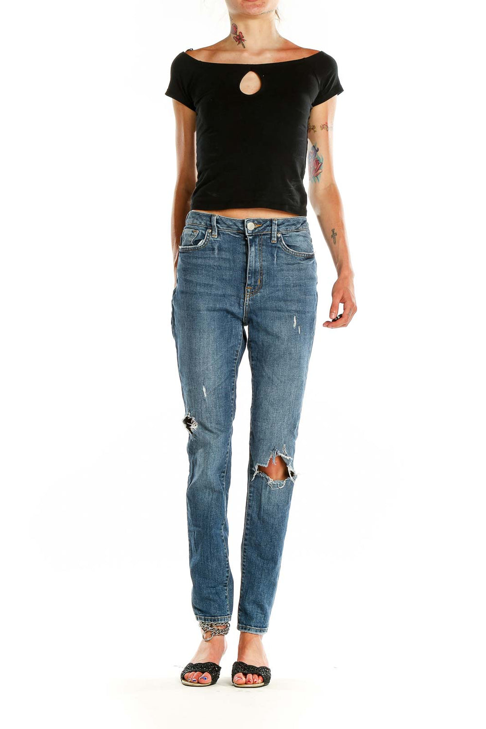 Front view of BDG blue distressed high-rise straight leg jeans