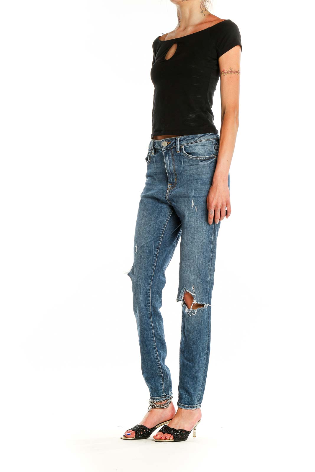 Front view of BDG blue distressed high-rise straight leg jeans