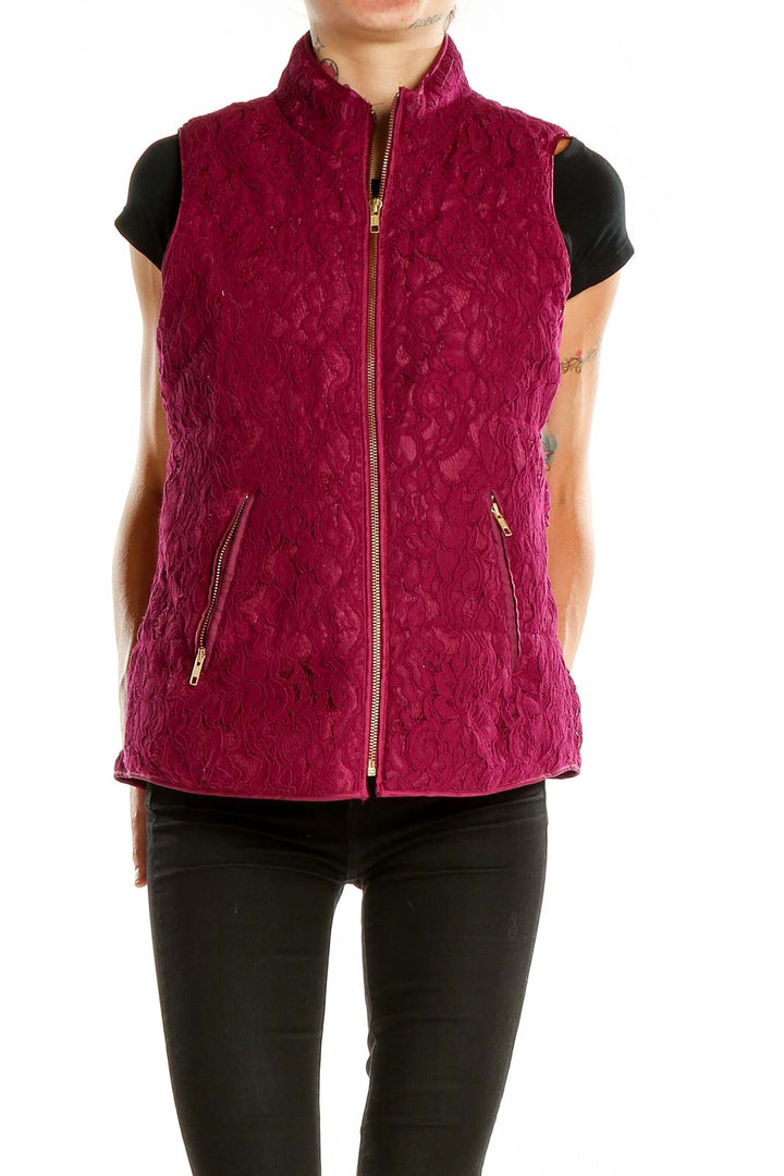 Front view of Crown & Ivy burgundy lace quilted vest with zip closure