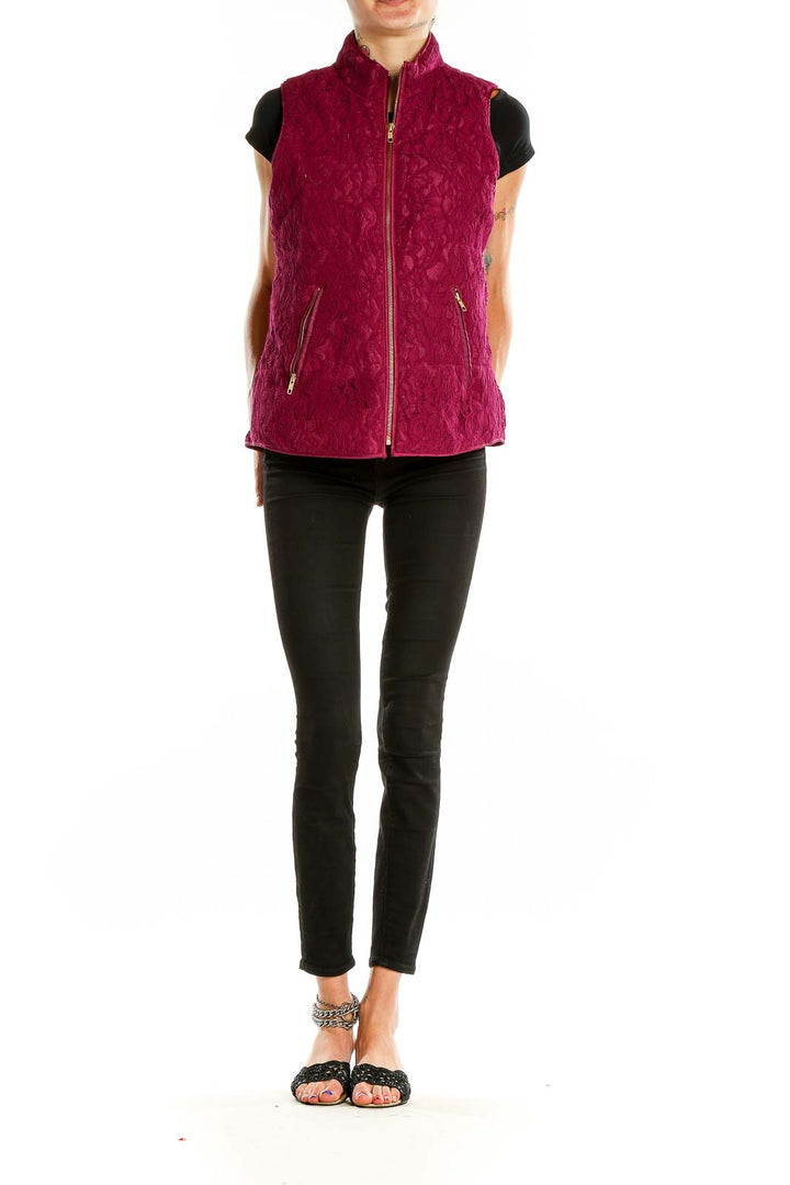 Front view of Crown & Ivy burgundy lace quilted vest with zip closure