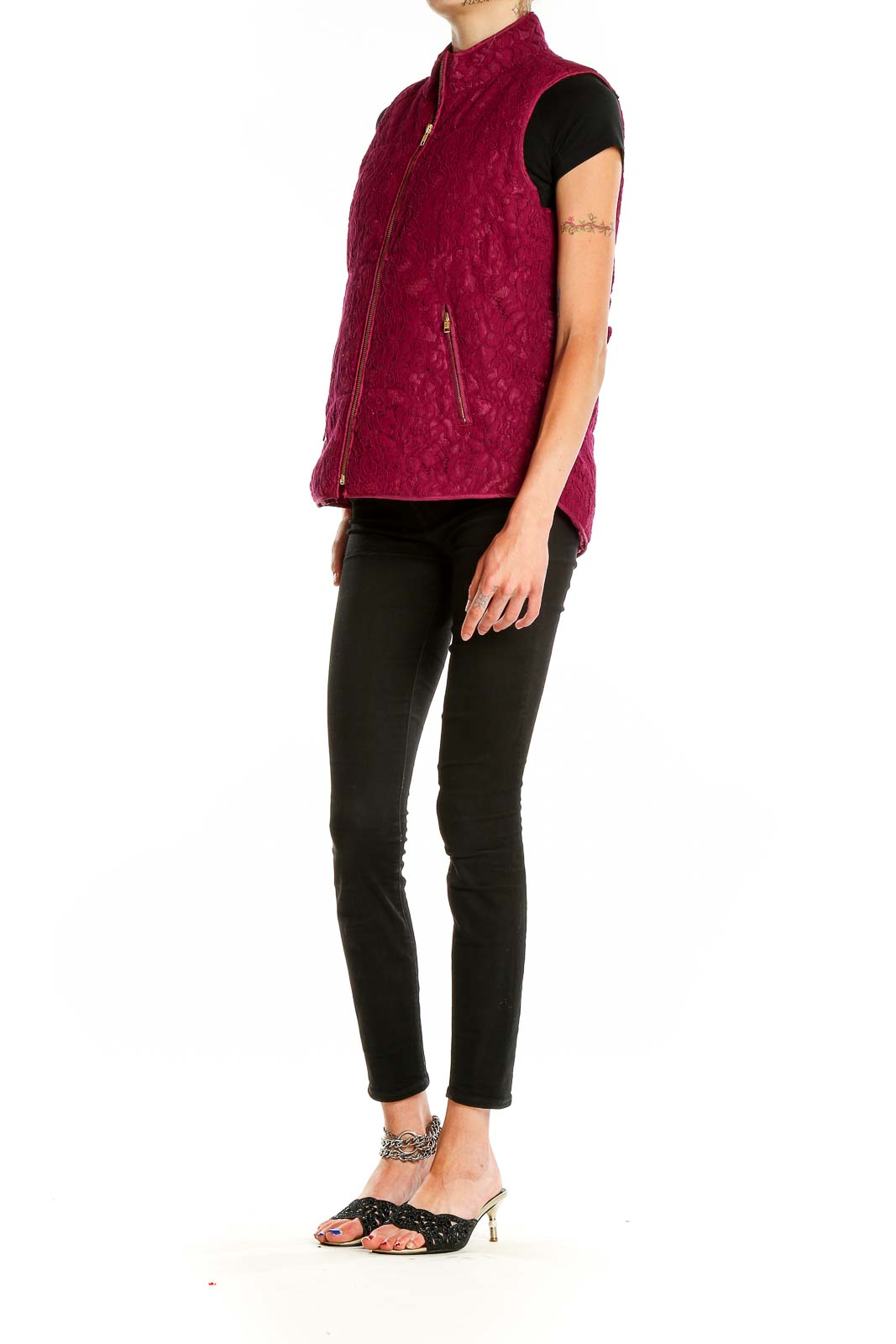 Front view of Crown & Ivy burgundy lace quilted vest with zip closure