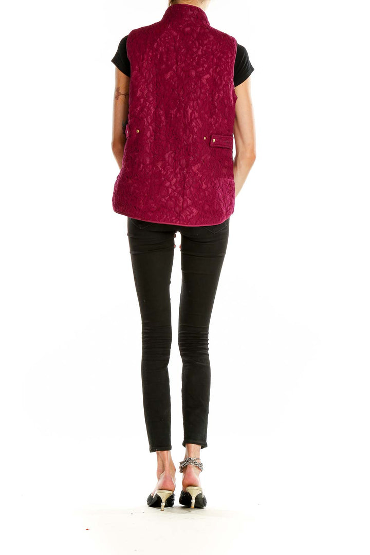 Back view of Crown & Ivy burgundy lace quilted vest showing intricate lace pattern