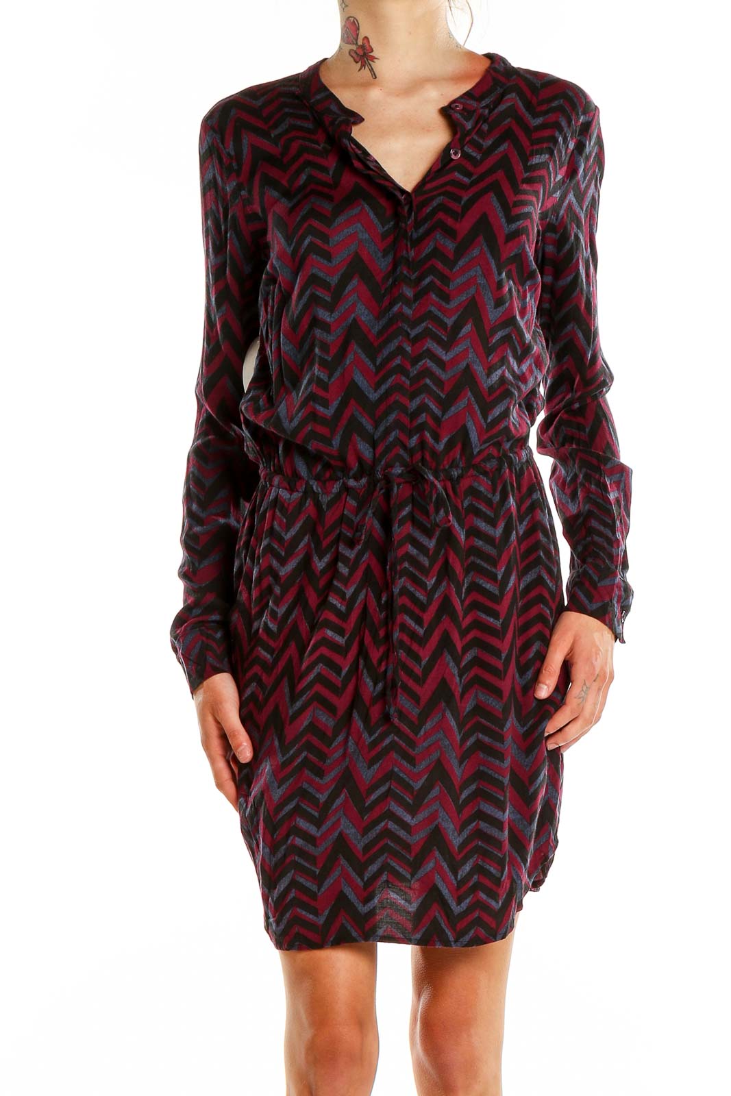 Front view of Splendid burgundy chevron print long sleeve dress