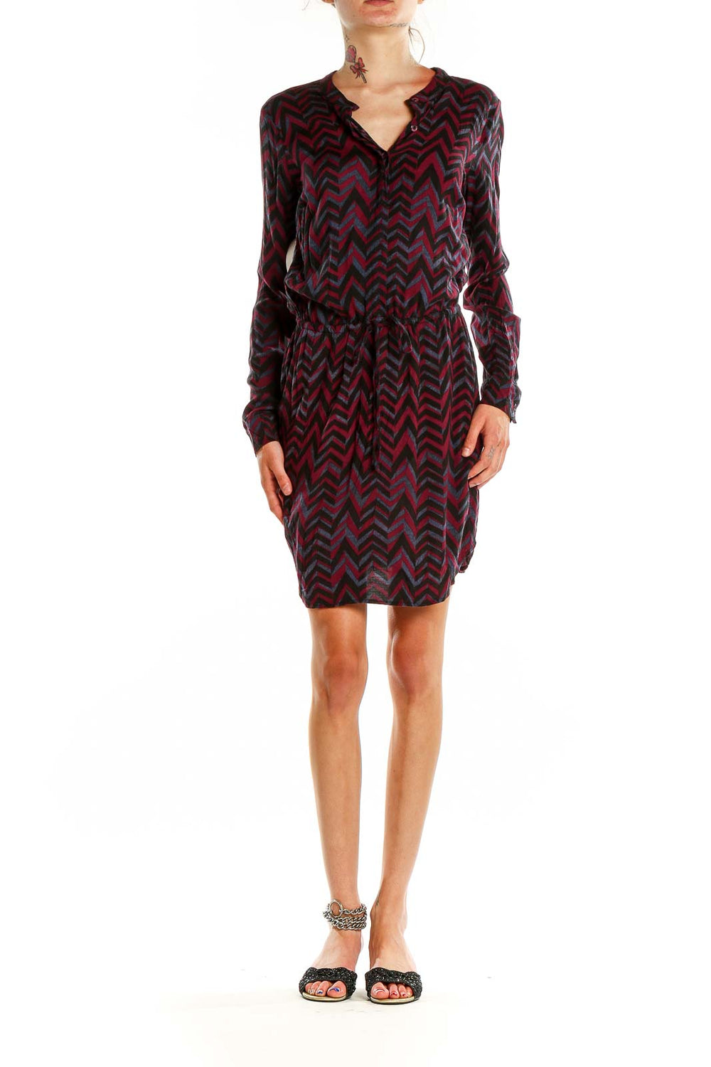 Front view of Splendid burgundy chevron print long sleeve dress