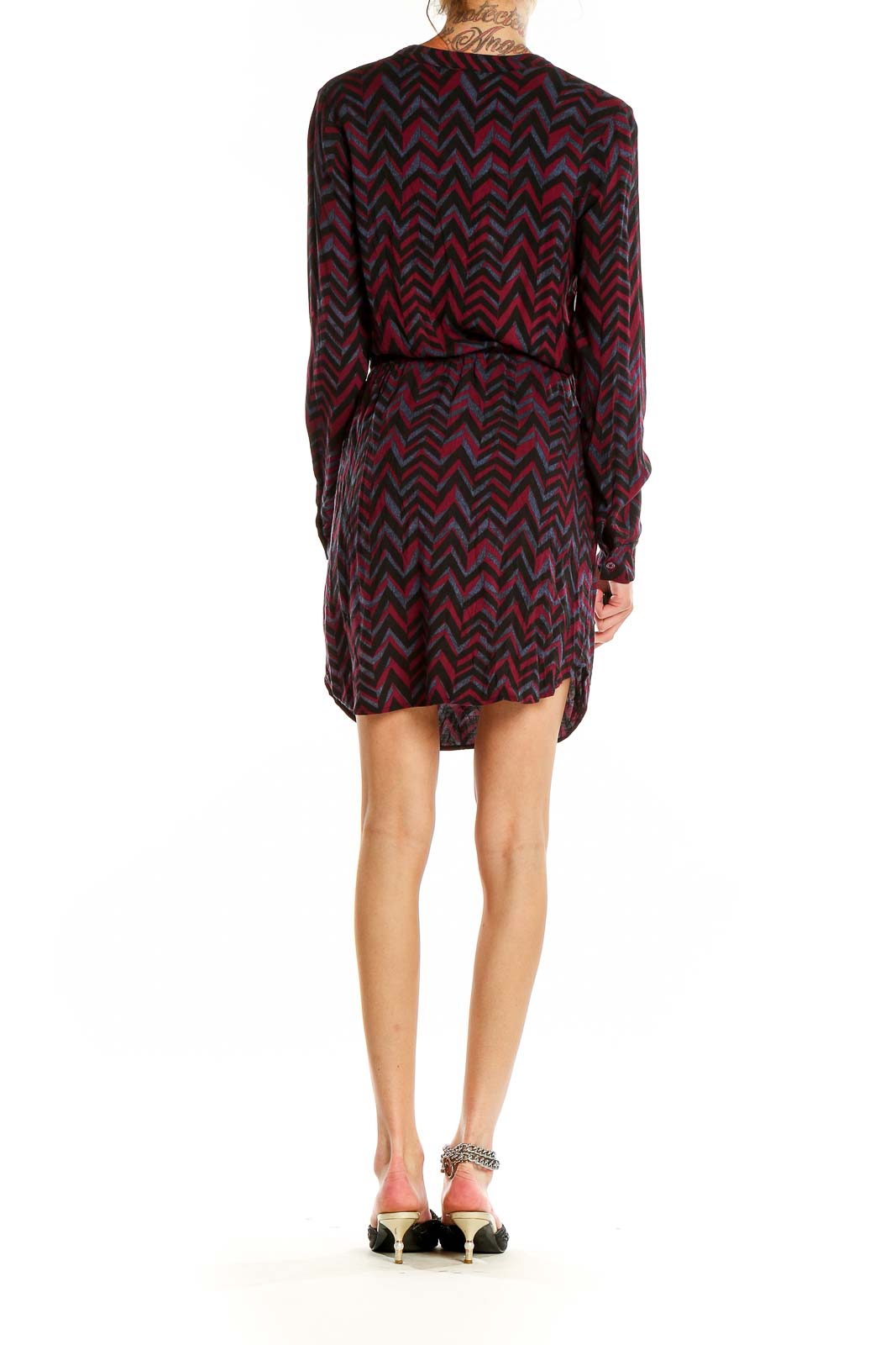 Back view of Splendid burgundy chevron print long sleeve dress