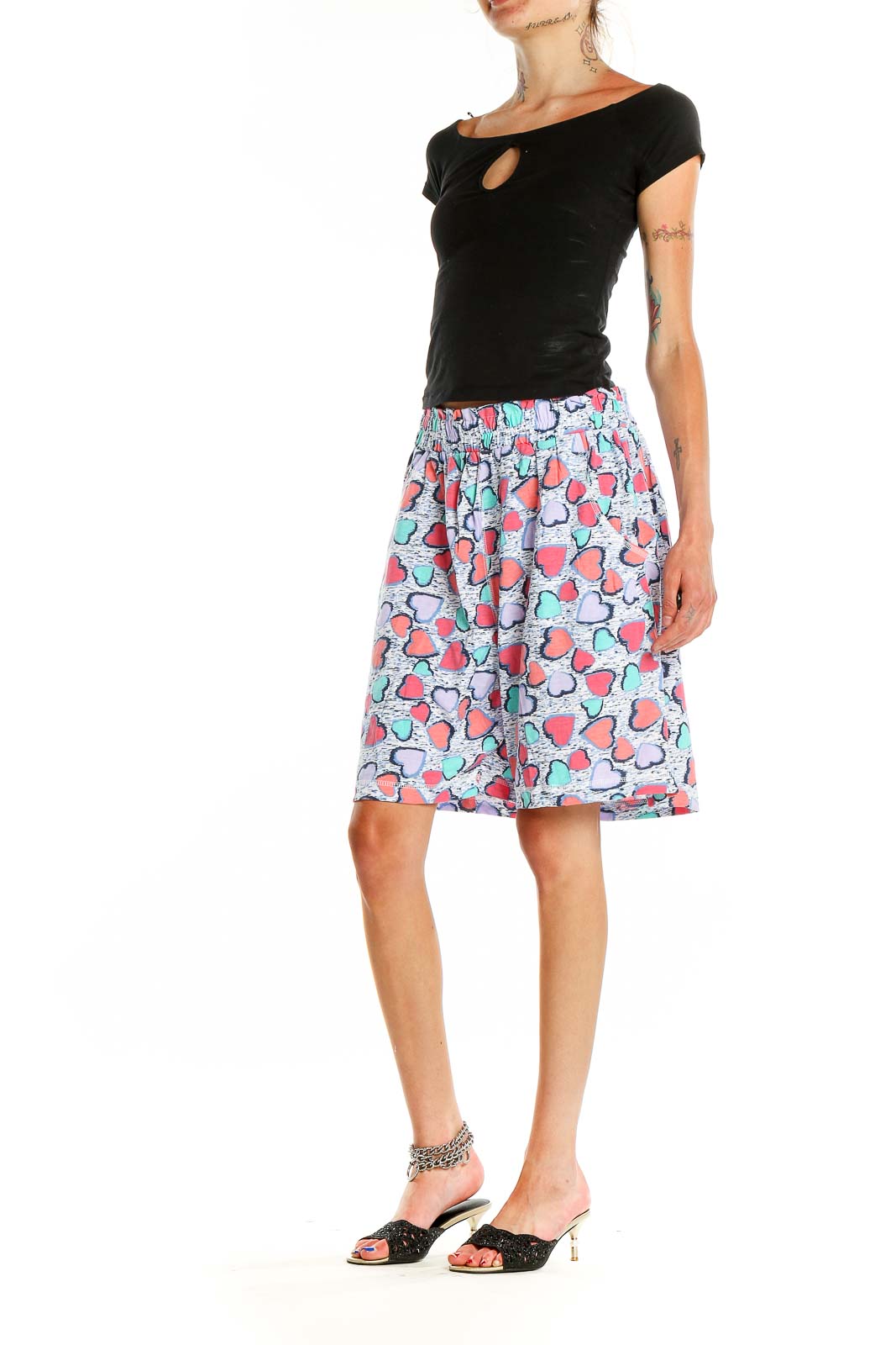 Front view of Maggie Lawrence Collection multicolor heart print shorts