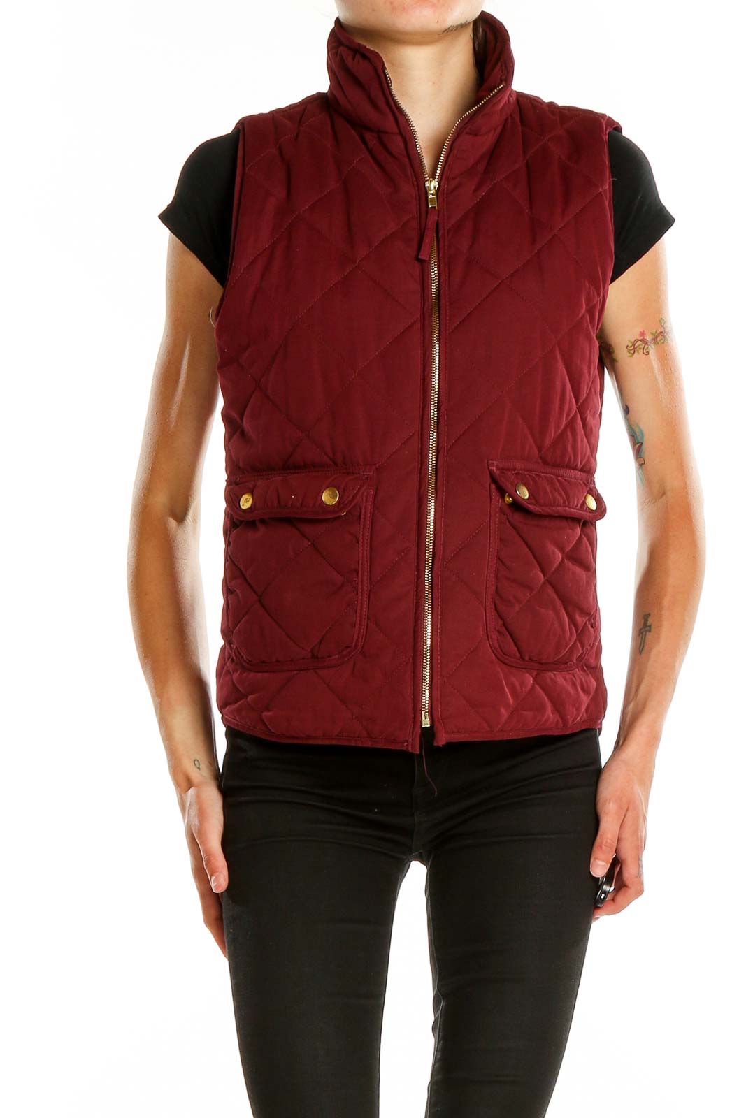 Front view of Blue Rain burgundy quilted vest with high collar and zip closure