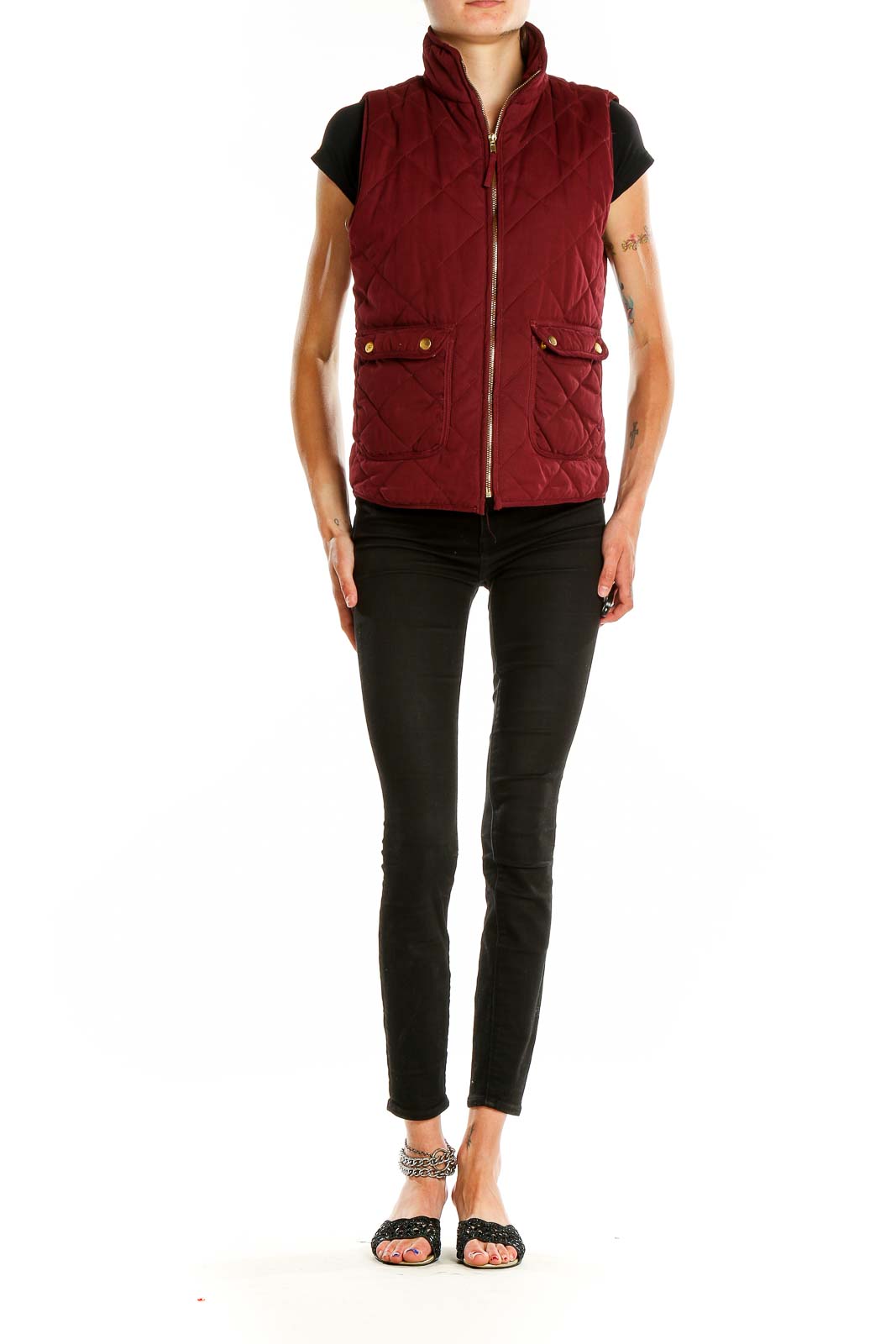 Front view of Blue Rain burgundy quilted vest with high collar and zip closure