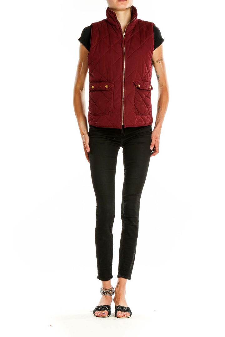 Front view of Blue Rain burgundy quilted vest with high collar and zip closure