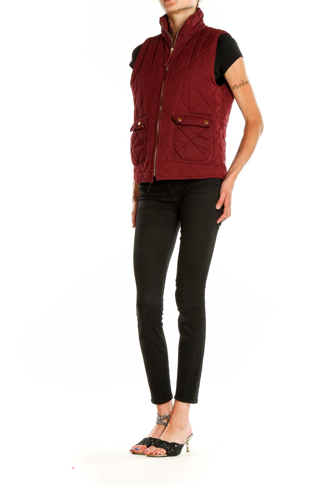 Front view of Blue Rain burgundy quilted vest with high collar and zip closure