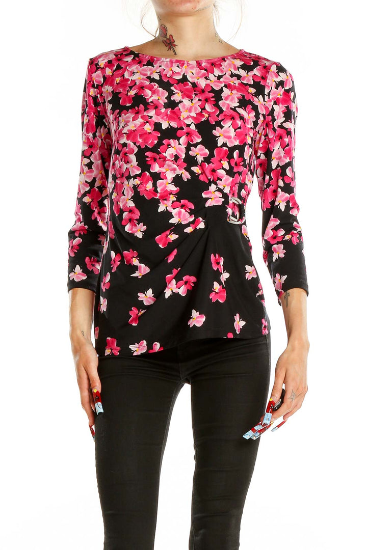 Front view of Calvin Klein pink floral print long sleeve top