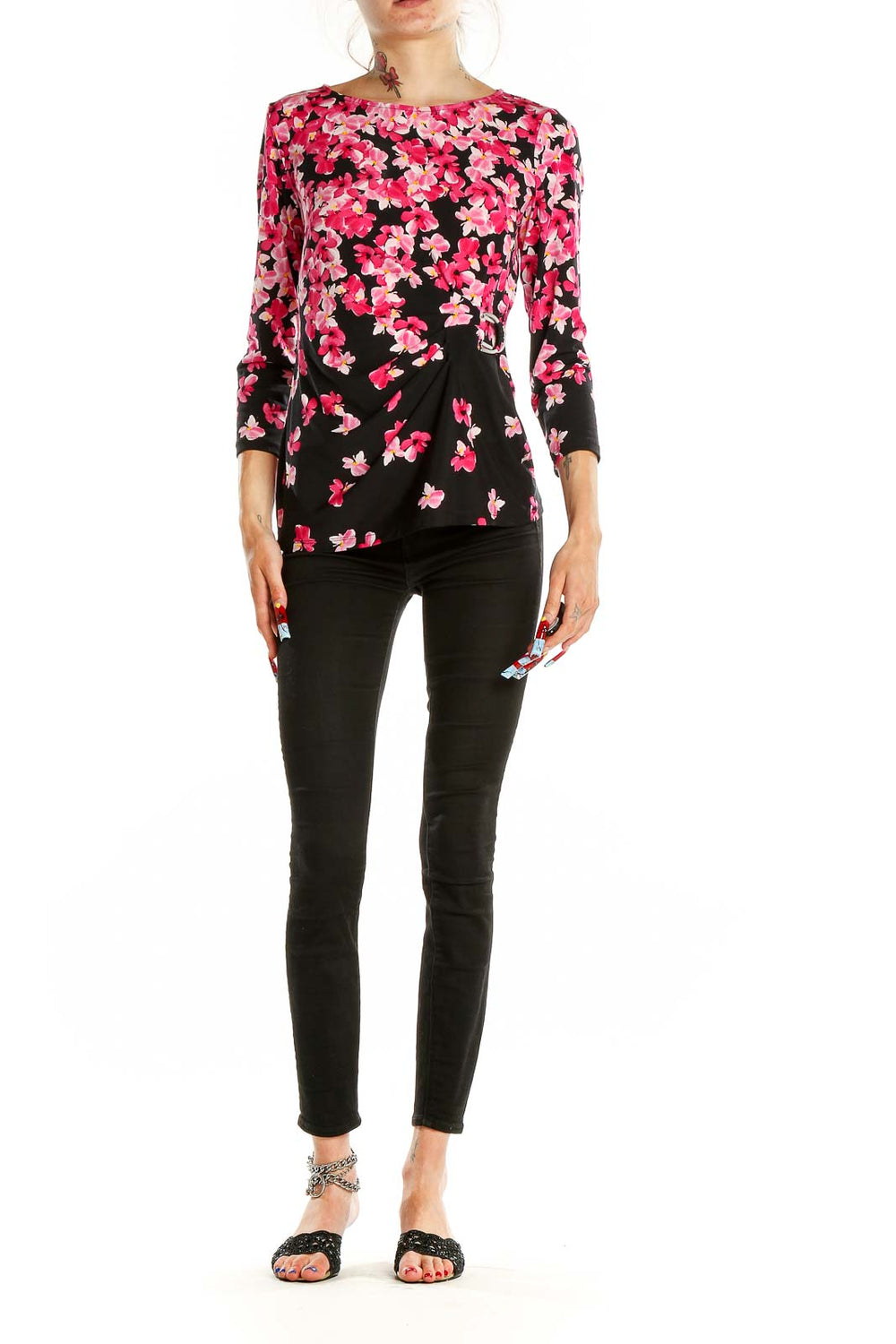 Front view of Calvin Klein pink floral print long sleeve top