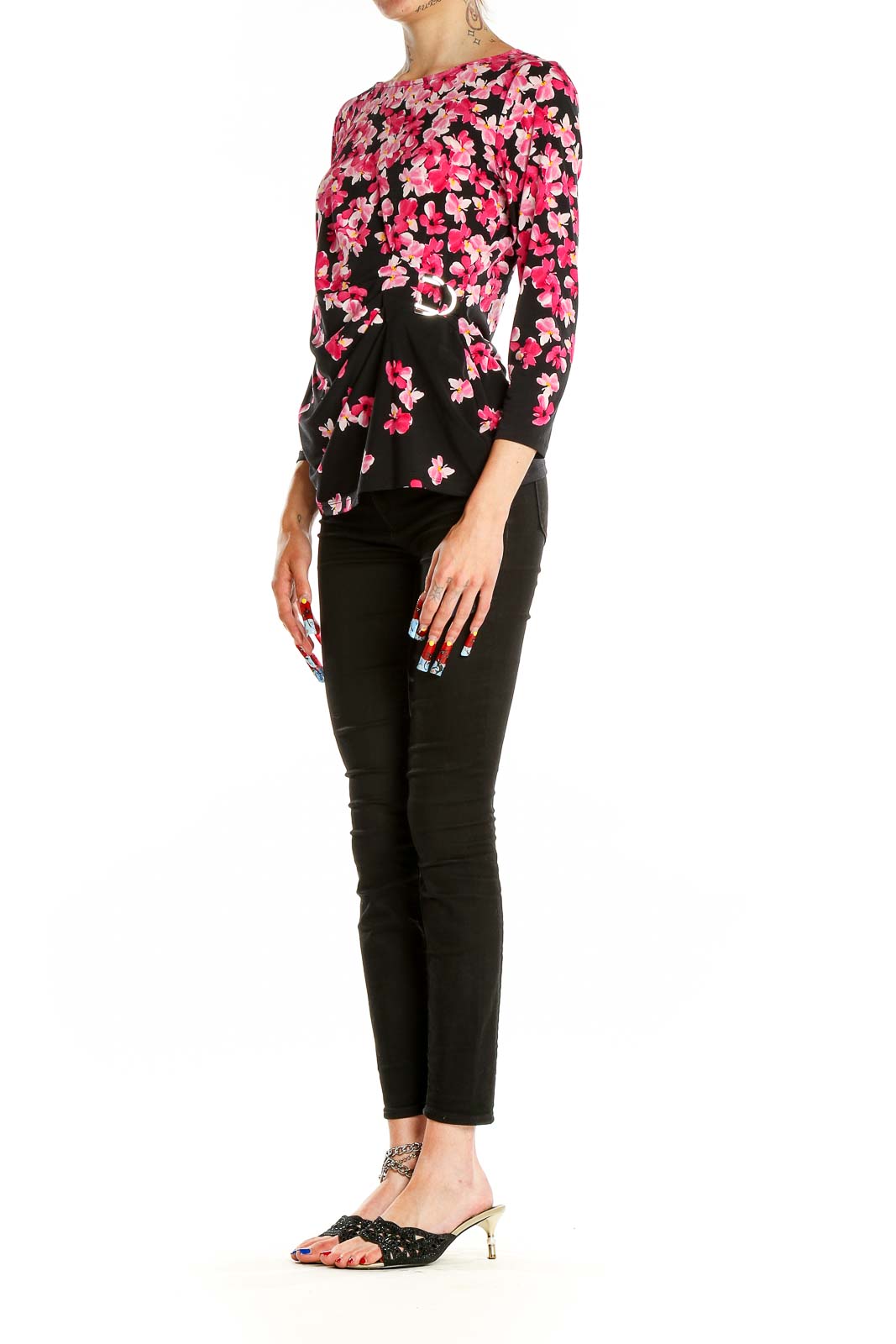 Front view of Calvin Klein pink floral print long sleeve top