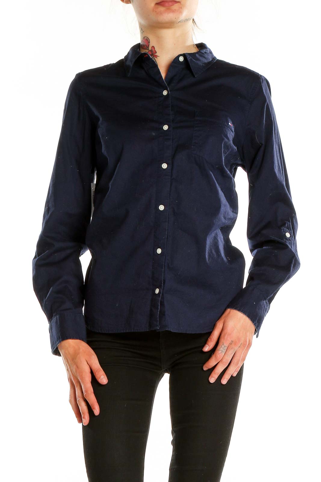 Front view of Tommy Hilfiger navy button-down shirt on model