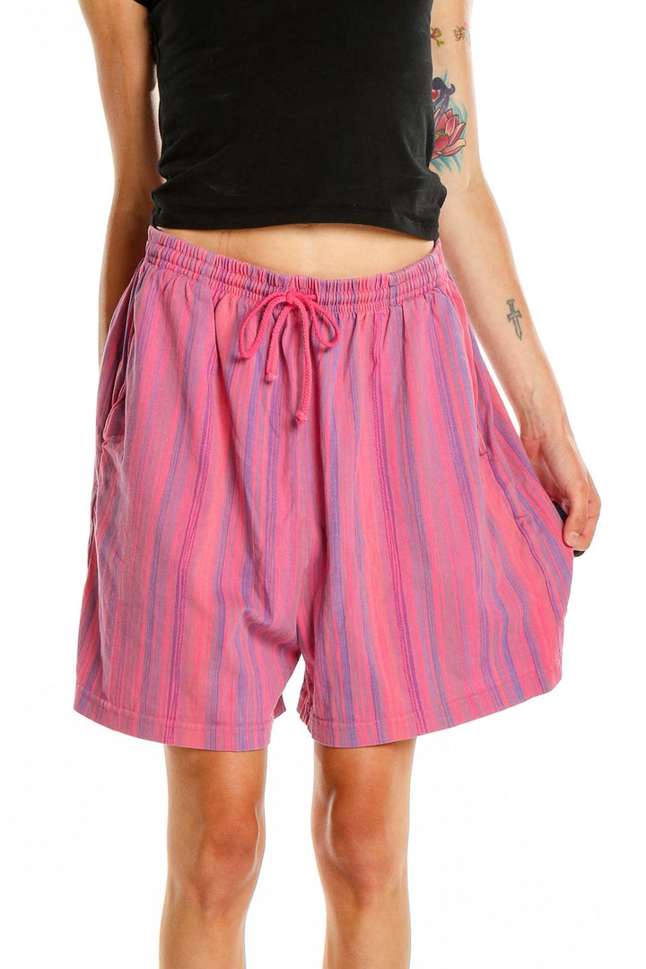 Front view of pink striped drawstring shorts by Fresh Produce