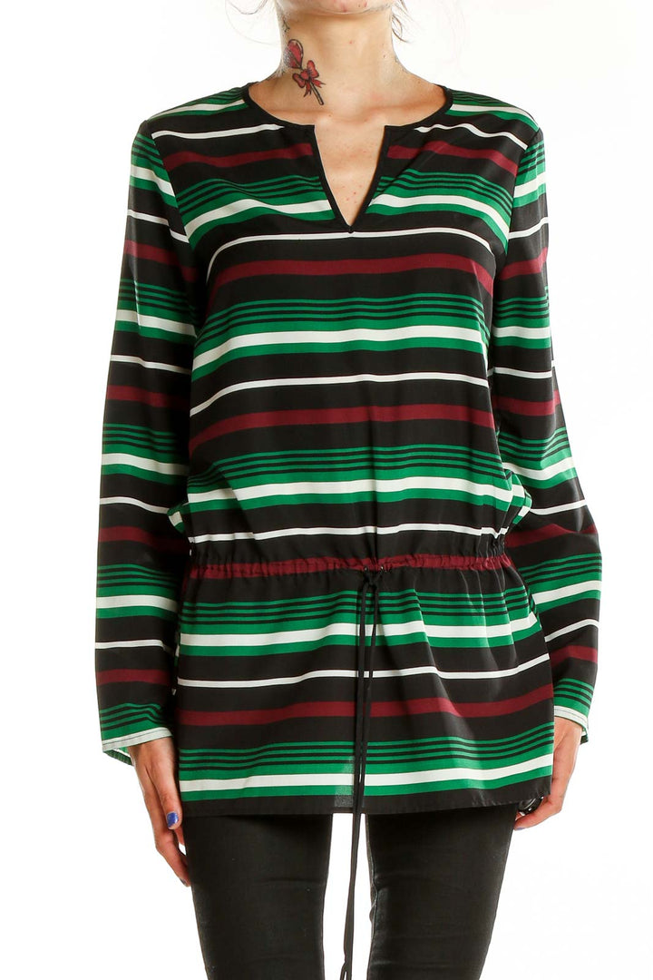 Front view of MICHAEL Michael Kors green striped long sleeve tunic top with V-neck