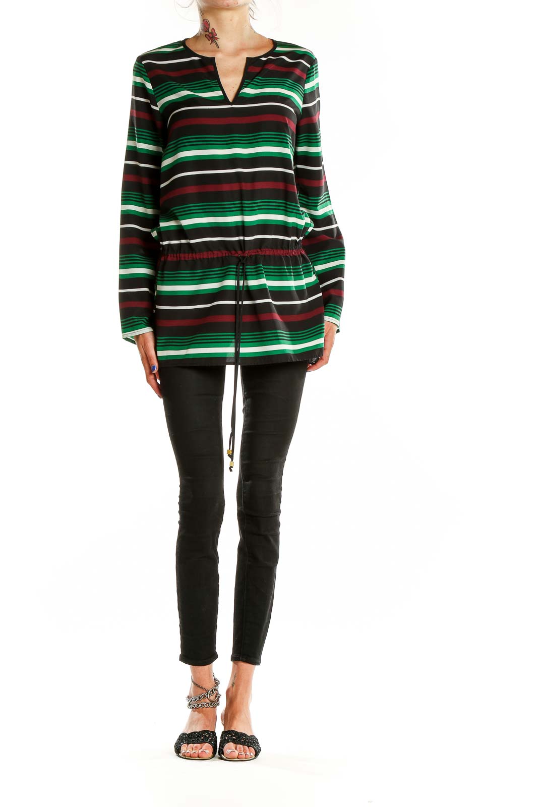 Front view of MICHAEL Michael Kors green striped long sleeve tunic top with V-neck