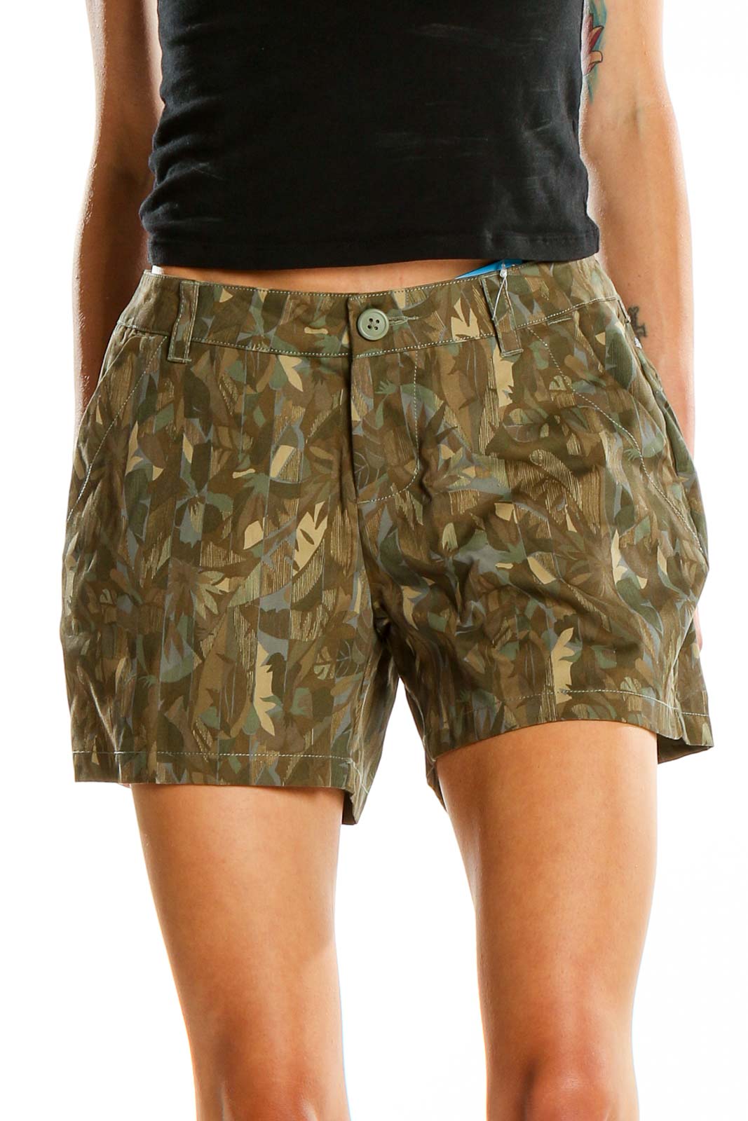 Front view of Columbia green camouflage print shorts