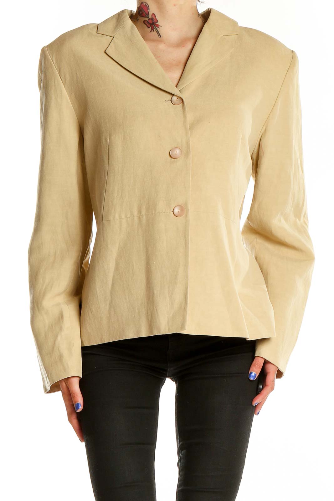 Front view of Pendleton beige button-up blazer on model