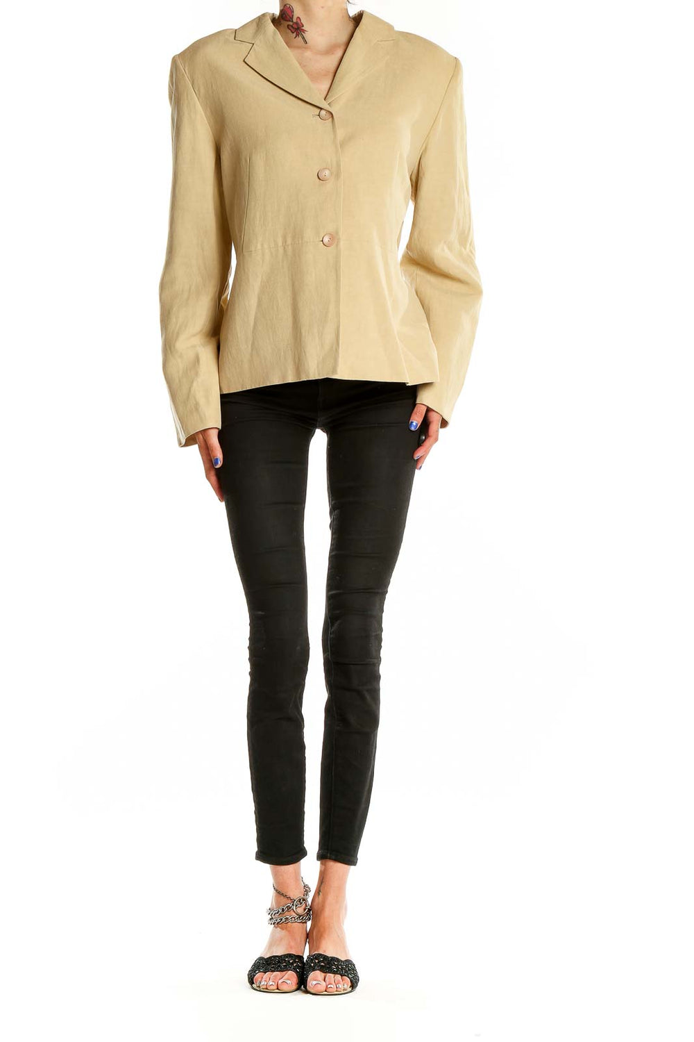 Front view of Pendleton beige button-up blazer on model