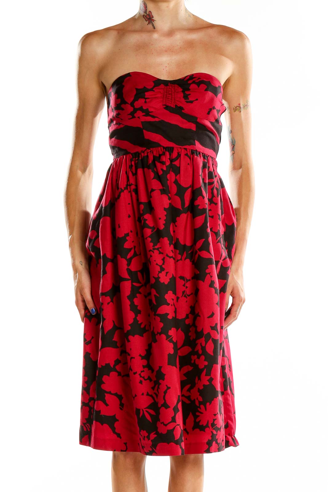 Front view of Tibi New York red floral strapless cocktail dress with sweetheart neckline