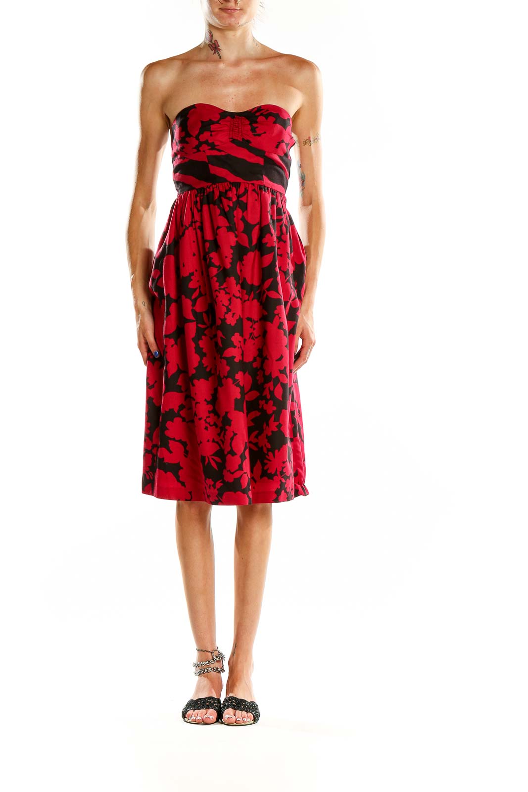 Front view of Tibi New York red floral strapless cocktail dress with sweetheart neckline