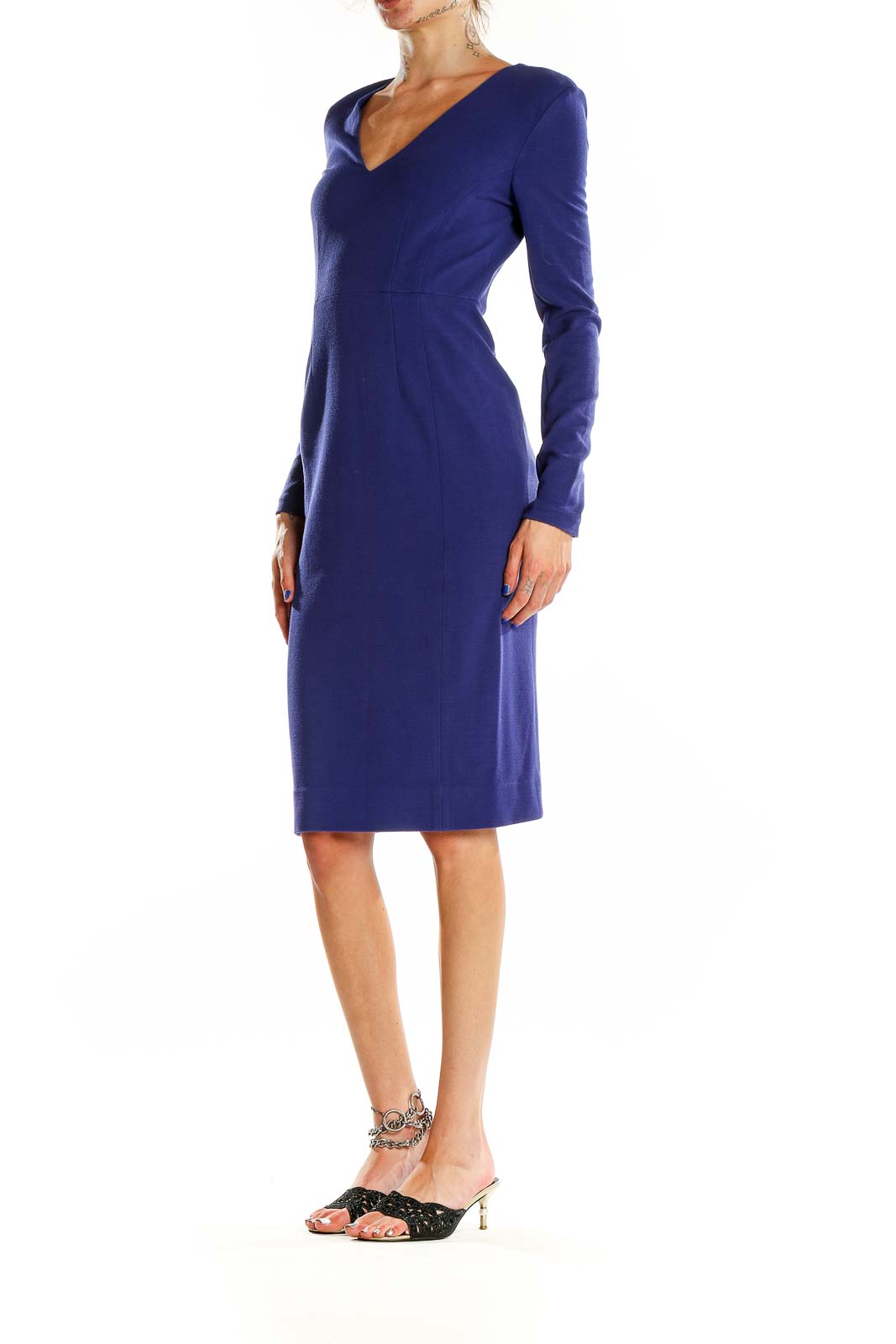 Front view of navy Diane von Furstenberg V-neck bodycon dress