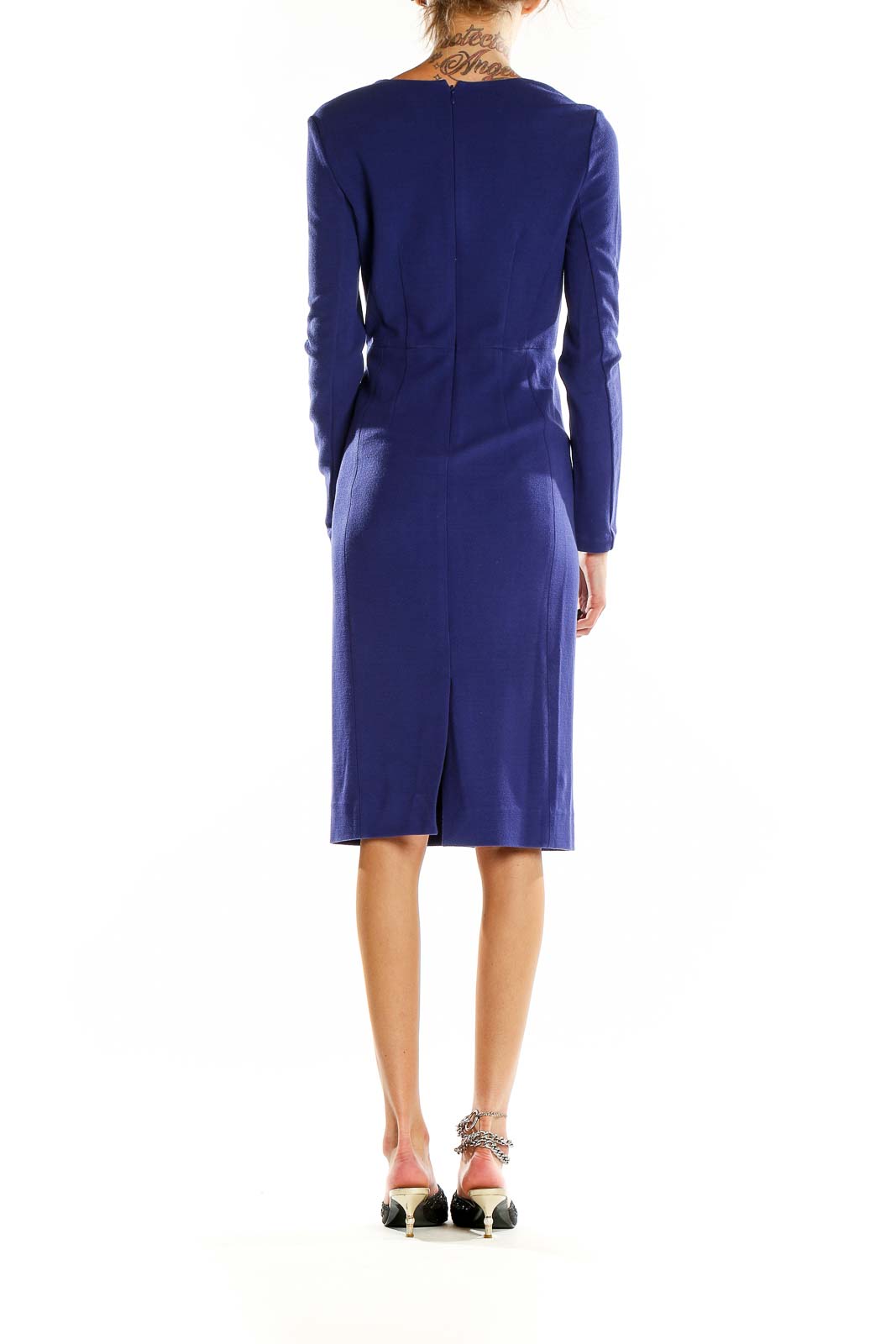 Back view of navy Diane von Furstenberg long sleeve bodycon dress