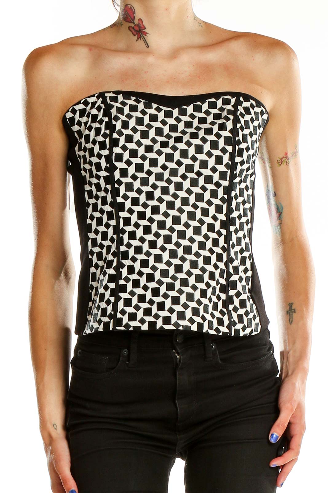 Front view of Black and White Geometric Strapless Top from White House Black Market