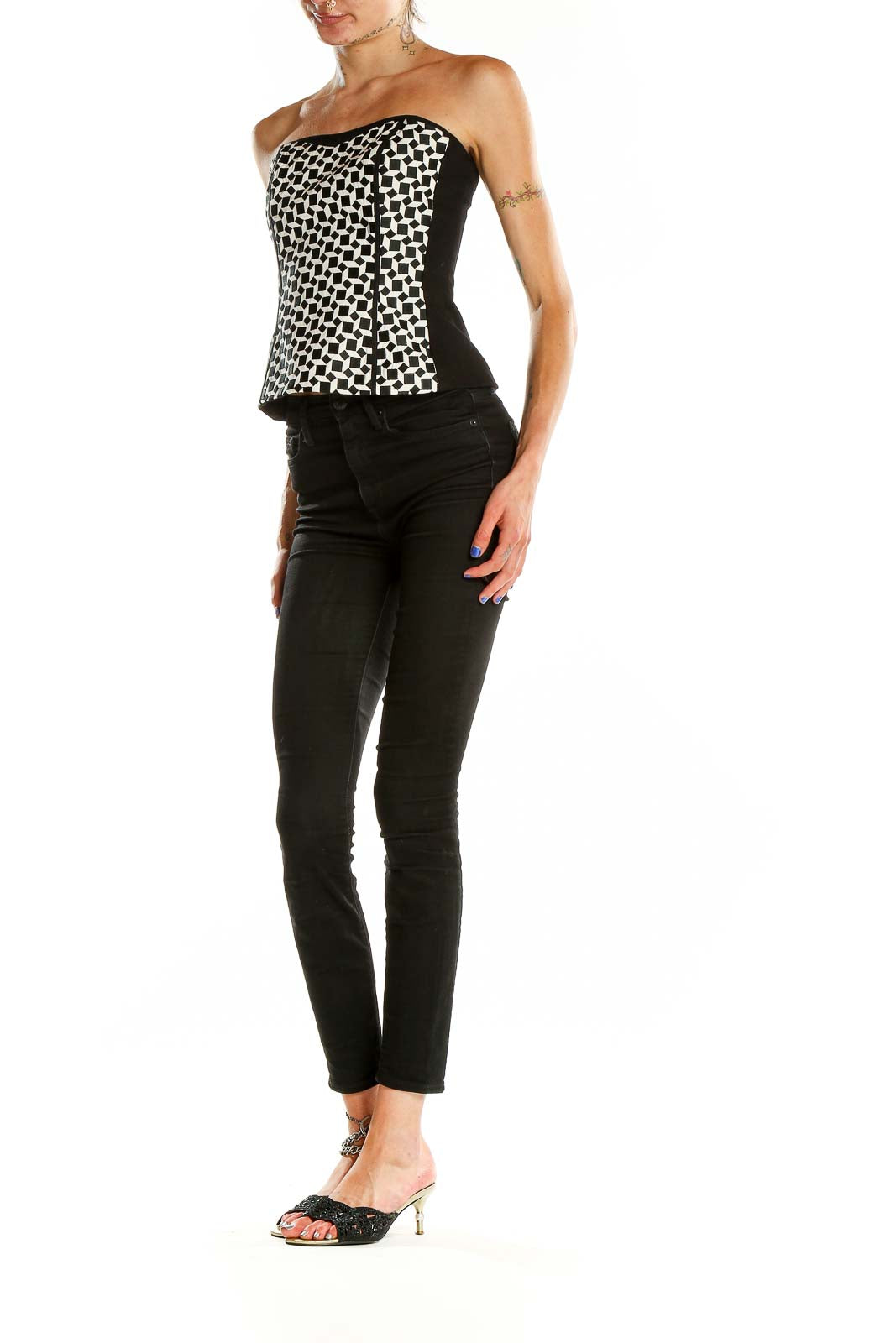 Front view of Black and White Geometric Strapless Top from White House Black Market