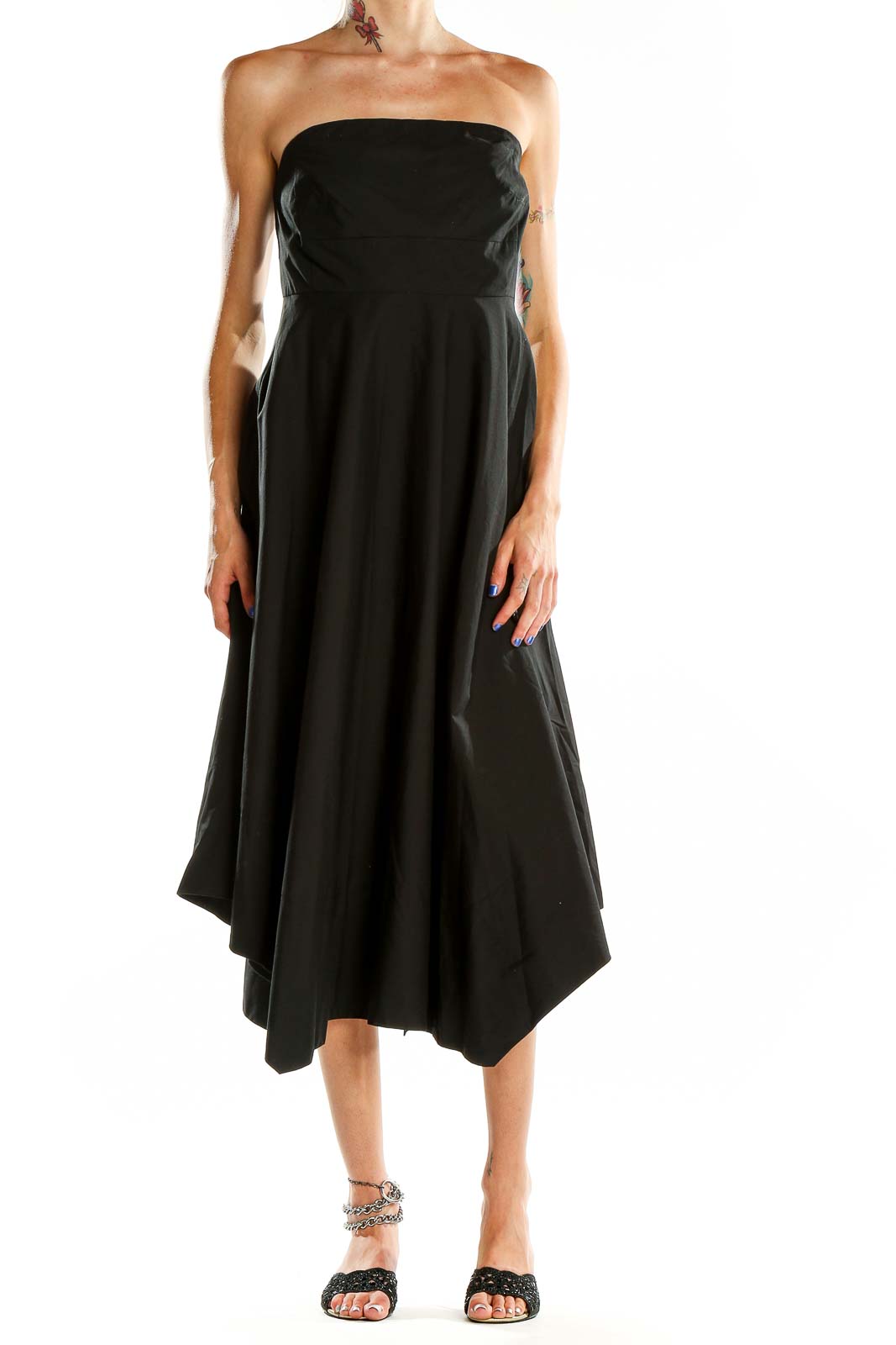 Front view of black strapless asymmetric midi dress from Banana Republic