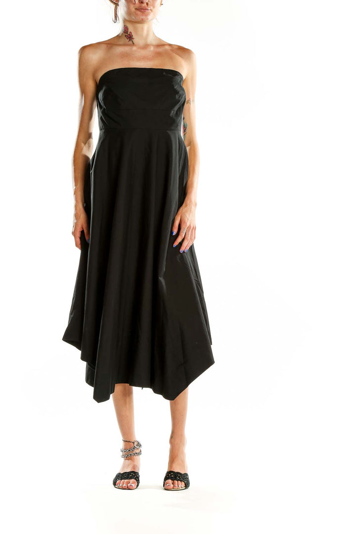 Front view of black strapless asymmetric midi dress from Banana Republic