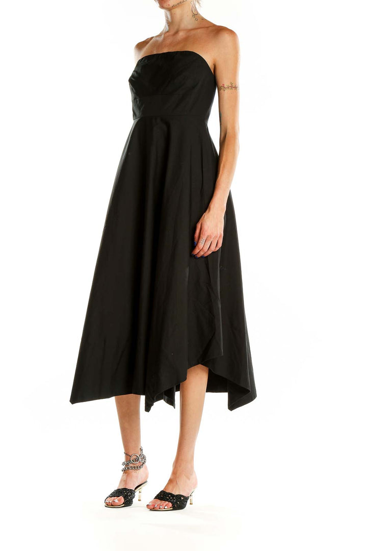 Front view of black strapless asymmetric midi dress from Banana Republic