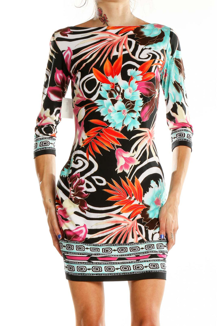 Front view of multicolor tropical print Cache bodycon dress