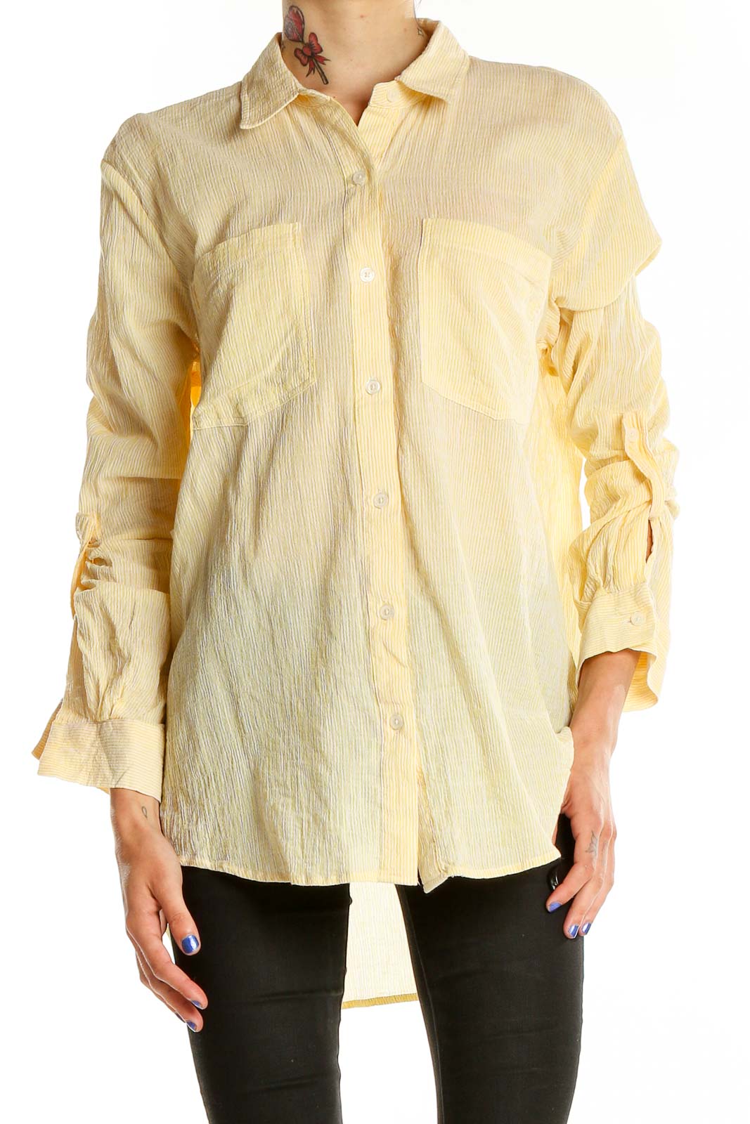 Front view of MICHAEL Michael Kors pale yellow oversized button-down shirt