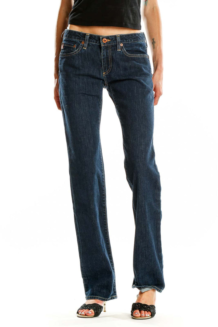 Front view of Big Star dark blue straight leg jeans on model