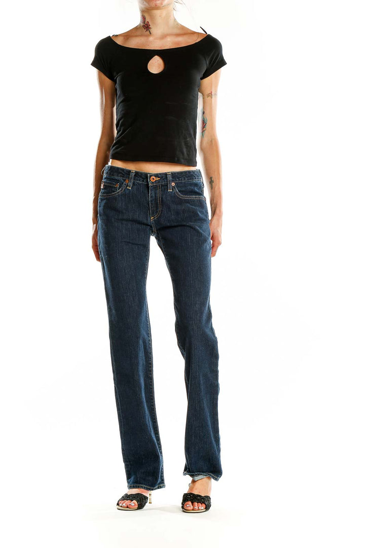 Front view of Big Star dark blue straight leg jeans on model