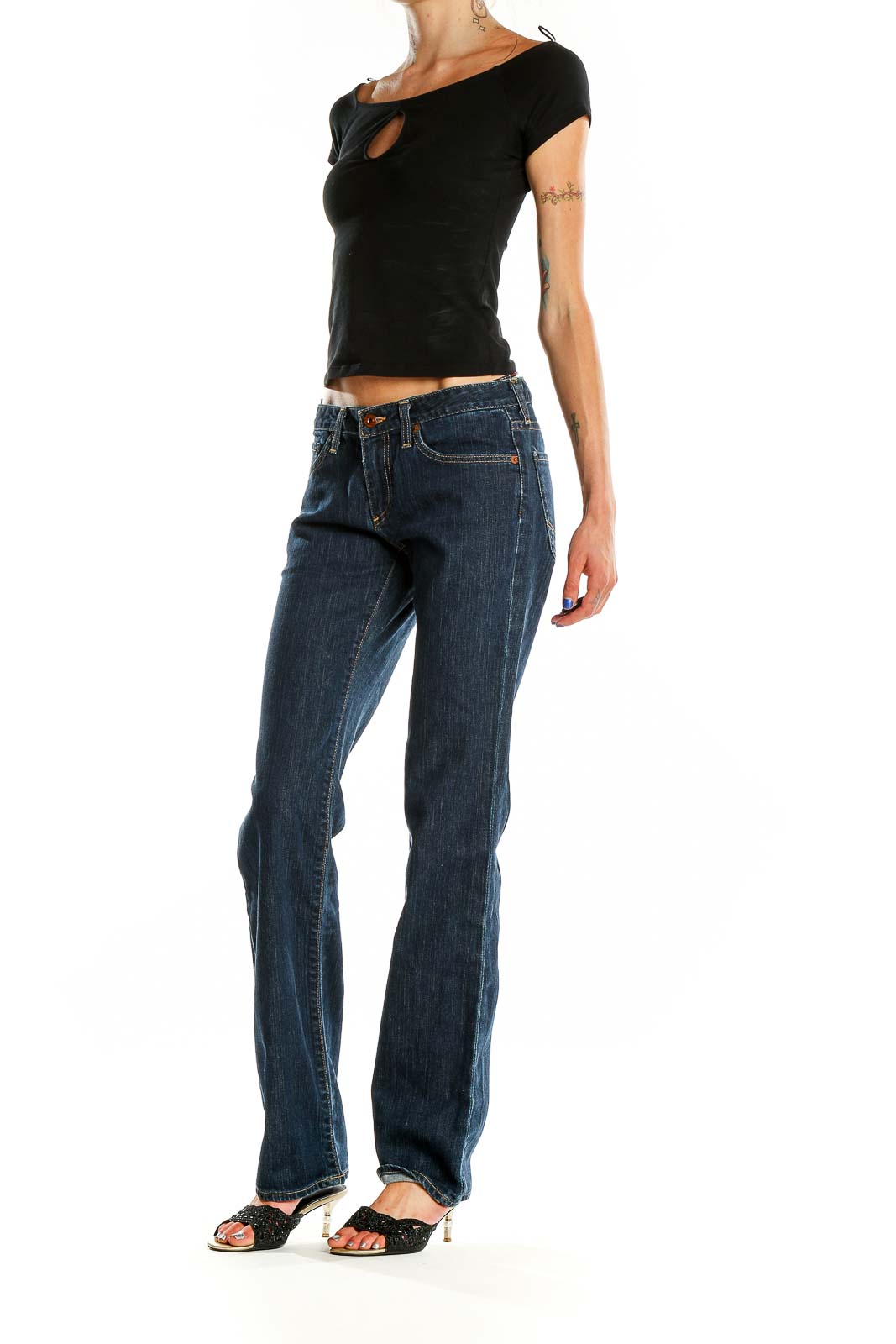 Front view of Big Star dark blue straight leg jeans on model