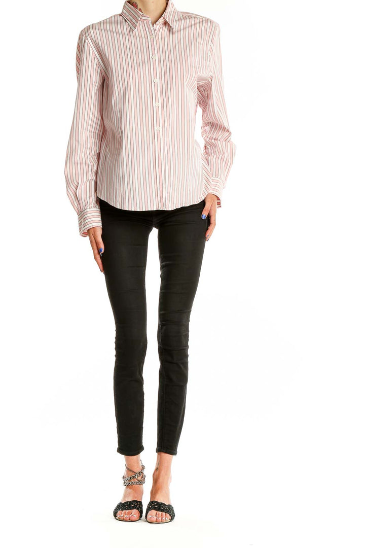 Front view of Faconnable pink striped button-down shirt