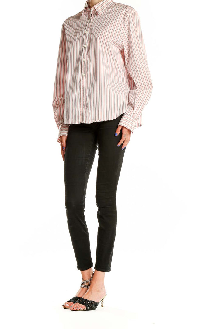 Front view of Faconnable pink striped button-down shirt