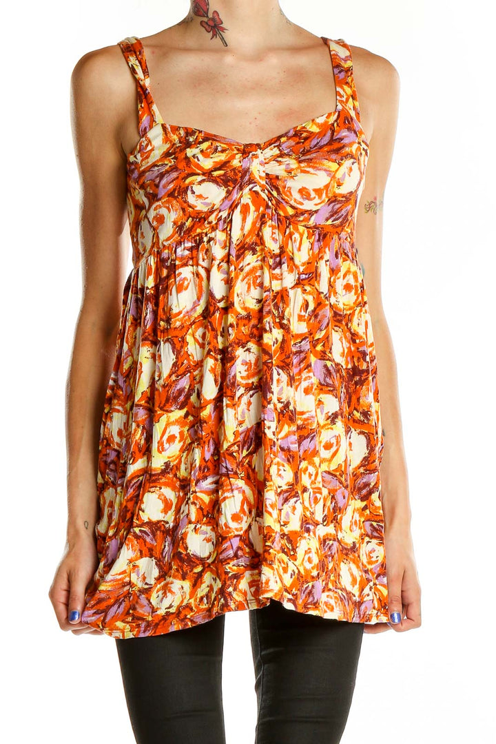 Front view of Weston Wear orange floral print empire waist tank top