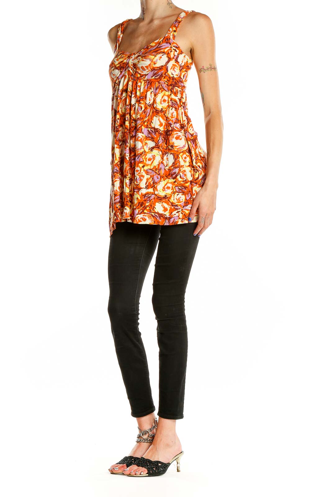 Front view of Weston Wear orange floral print empire waist tank top