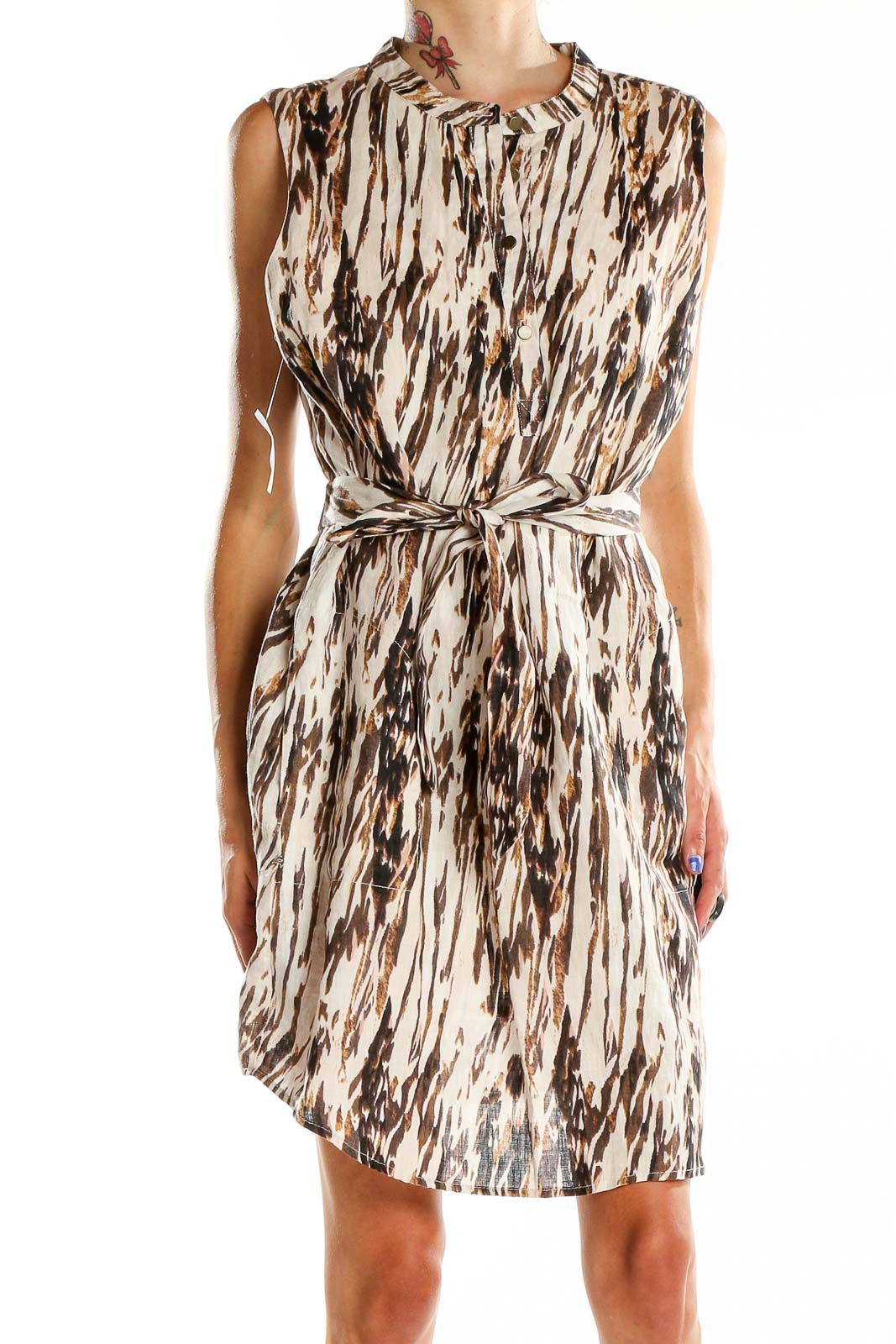 Front view of Cynthia Rowley brown abstract print sleeveless dress with belt